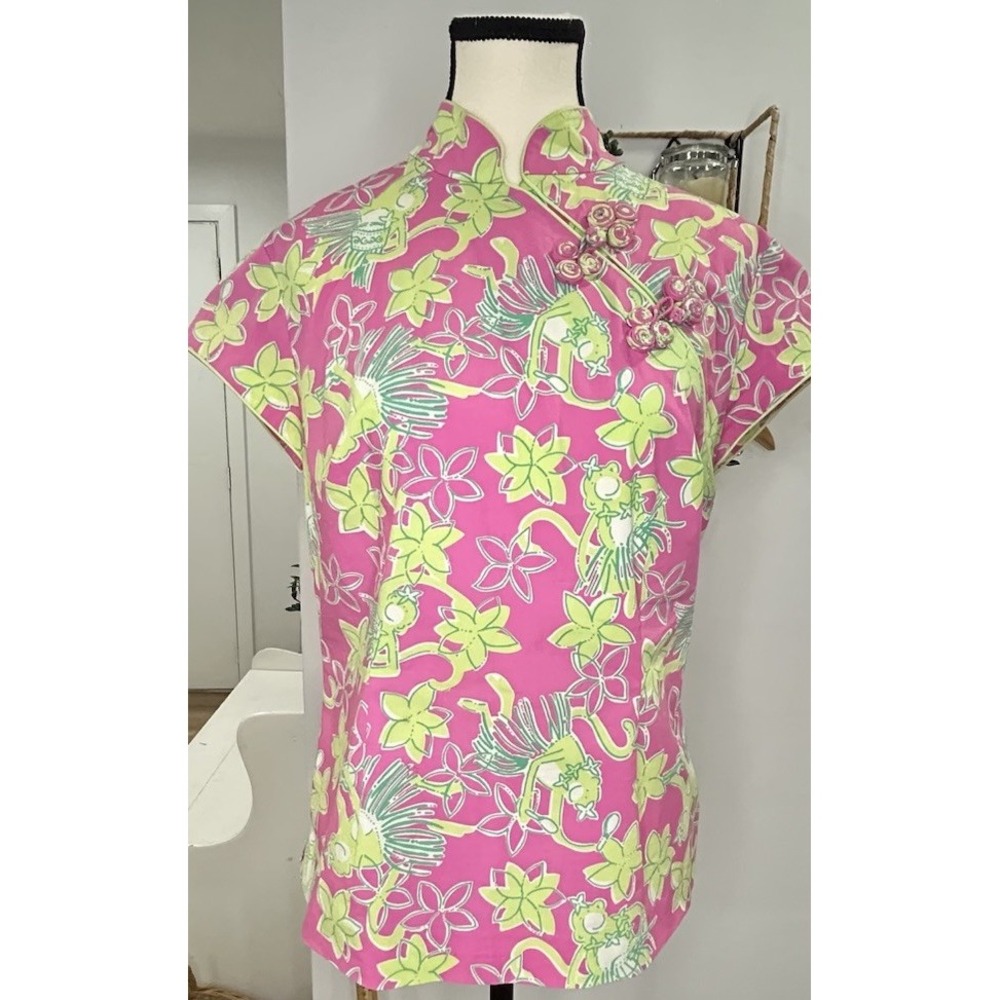 Vintage‎ Lilly Pulitzer Womens Pink Rock Hula Monkey Cap Sleeve Top Shirt Size 8